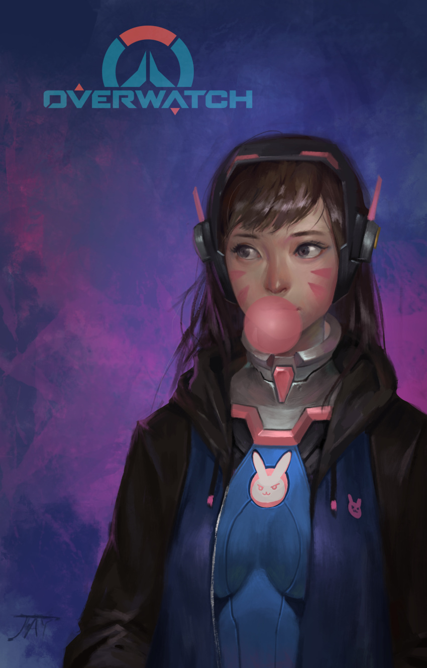 1girl absurdres adapted_costume animal_print artist_name asian bangs blue_bodysuit bodysuit breasts brown_eyes brown_hair bubble_blowing bunny_print chewing_gum copyright_name d.va_(overwatch) facepaint facial_mark facing_viewer headphones high_collar highres hood hooded_jacket impossible_bodysuit impossible_clothes jacket jayjiwoo_park logo long_hair looking_to_the_side medium_breasts overwatch pilot_suit pink_lips purple_background realistic ribbed_bodysuit signature skin_tight solo swept_bangs upper_body whisker_markings wide-eyed