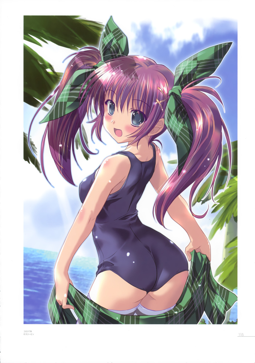 1girl :d absurdres black_eyes blush breasts eyebrows_visible_through_hair green_ribbon hair_ornament hair_ribbon highres holding komatsu_eiji long_hair looking_at_viewer looking_back ocean open_mouth original palm_tree purple_hair ribbon school_swimsuit shiny shiny_skin smile solo swimsuit thigh-highs tree twintails white_legwear