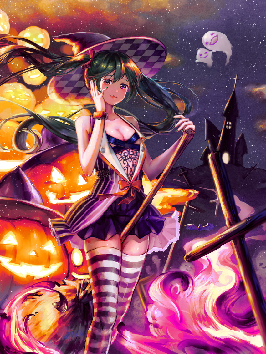 1girl absurdres bare_shoulders bat blush breasts broom broom_riding cleavage collarbone cross floating_hair ghost green_hair halloween halloween_costume hat hatsune_miku highres jack-o'-lantern long_hair looking_at_viewer medium_breasts night night_sky parted_lips sky smile solo star_(sky) starry_sky striped striped_legwear thigh-highs twintails violet_eyes vocaloid witch_hat wrist_cuffs yurika0207