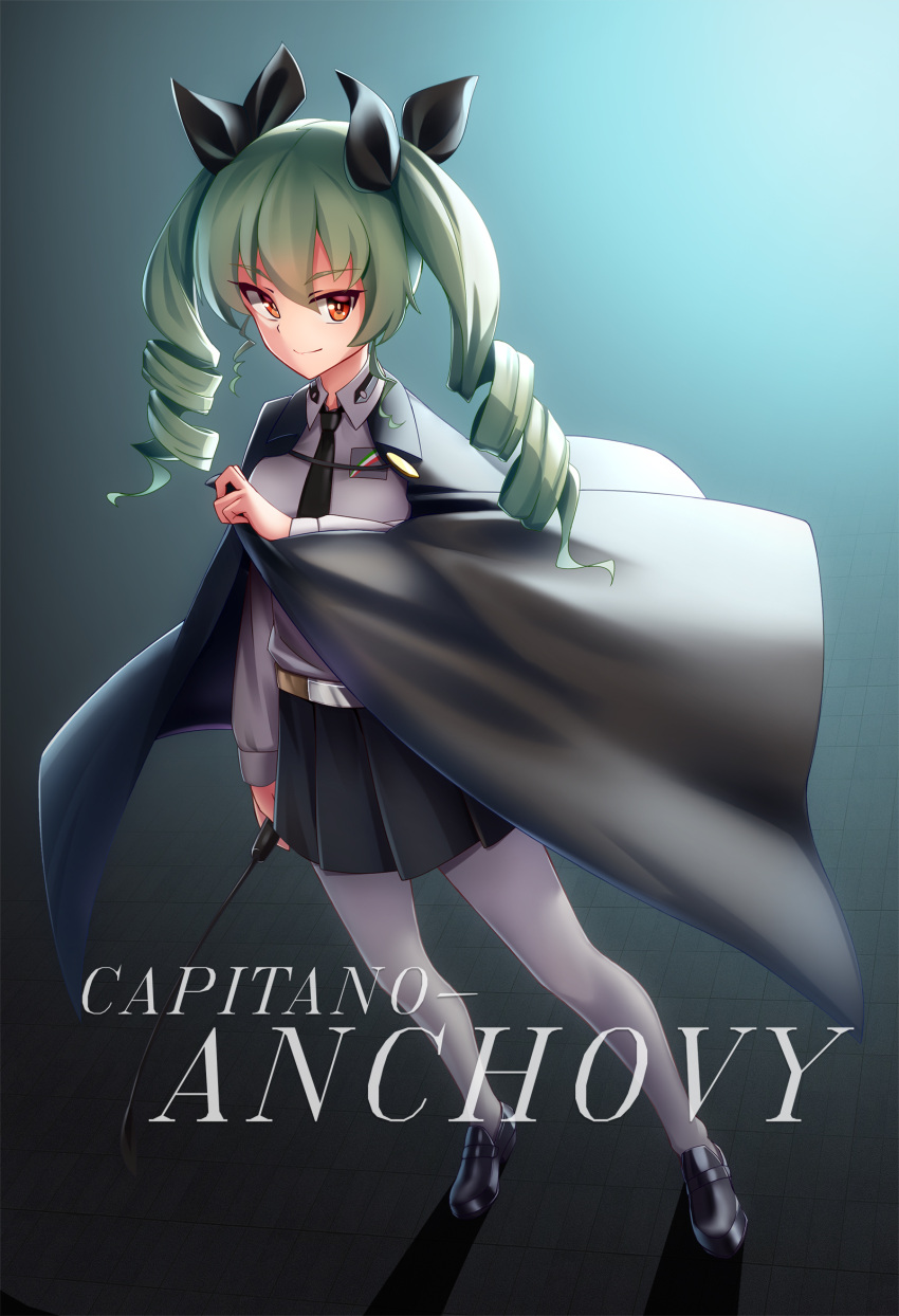 1girl anchovy anzio_school_uniform arnold-s bangs belt black_necktie black_ribbon black_shoes black_skirt cape closed_mouth commentary_request dress_shirt drill_hair emblem full_body girls_und_panzer green_hair hair_ribbon highres holding italian loafers long_hair long_sleeves looking_at_viewer miniskirt necktie pantyhose pleated_skirt red_eyes ribbon riding_crop school_uniform shirt shoes skirt smile solo standing twin_drills twintails white_legwear white_shirt