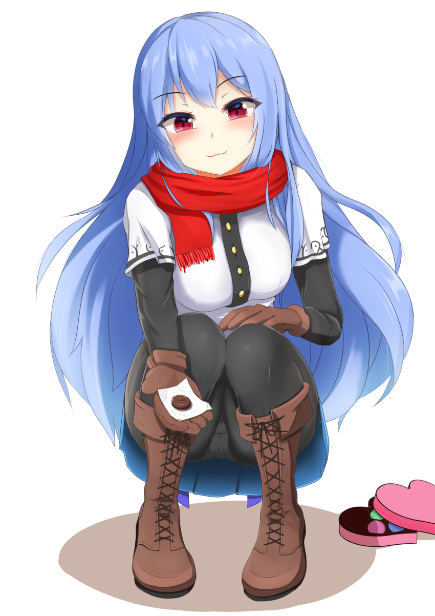 1girl :3 blue_hair blush boots buttons chocolate closed_mouth cross-laced_footwear damao_yu eyebrows_visible_through_hair full_body gloves heart highres hinanawi_tenshi interacting_with_viewer lace-up_boots long_hair long_sleeves looking_at_viewer miniskirt no_hat no_headwear outstretched_arm panties panties_under_pantyhose pantyhose pantyshot pantyshot_(squatting) red_eyes revision scarf shirt short_sleeves simple_background skirt smile solo squatting touhou underwear valentine white_background