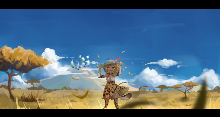1girl aie blurry bow bowtie closed_eyes clouds depth_of_field elbow_gloves fang gloves grass hat hat_feather highres holding holding_hat kemono_friends landscape letterboxed mountain open_mouth print_legwear savannah serval_(kemono_friends) serval_print serval_tail smile solo spoilers tail tears thigh-highs tree