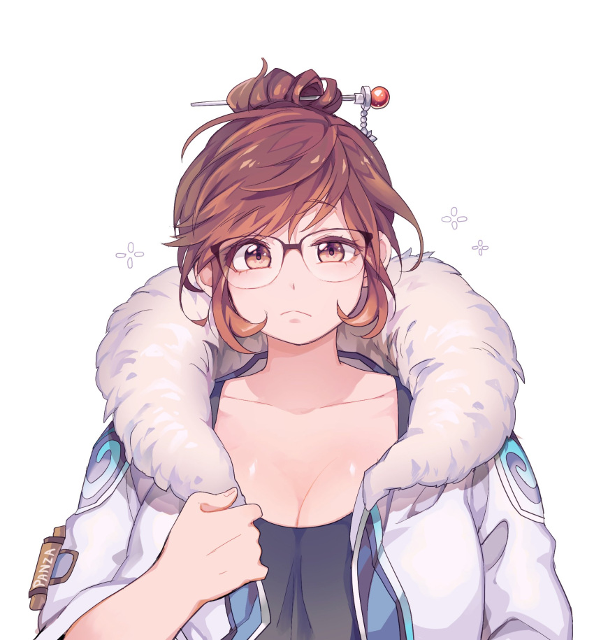 1girl artist_name bangs beads black_shirt breasts brown_eyes brown_hair cleavage closed_mouth coat collarbone eyebrows_visible_through_hair fur-trimmed_coat fur_coat fur_trim glasses hair_bun hair_ornament hair_stick hand_up highres huge_breasts long_sleeves looking_at_viewer mei_(overwatch) open_clothes open_coat overwatch panza parka shirt short_hair simple_background sleeveless snowflake_hair_ornament solo tank_top upper_body white_background winter_clothes winter_coat