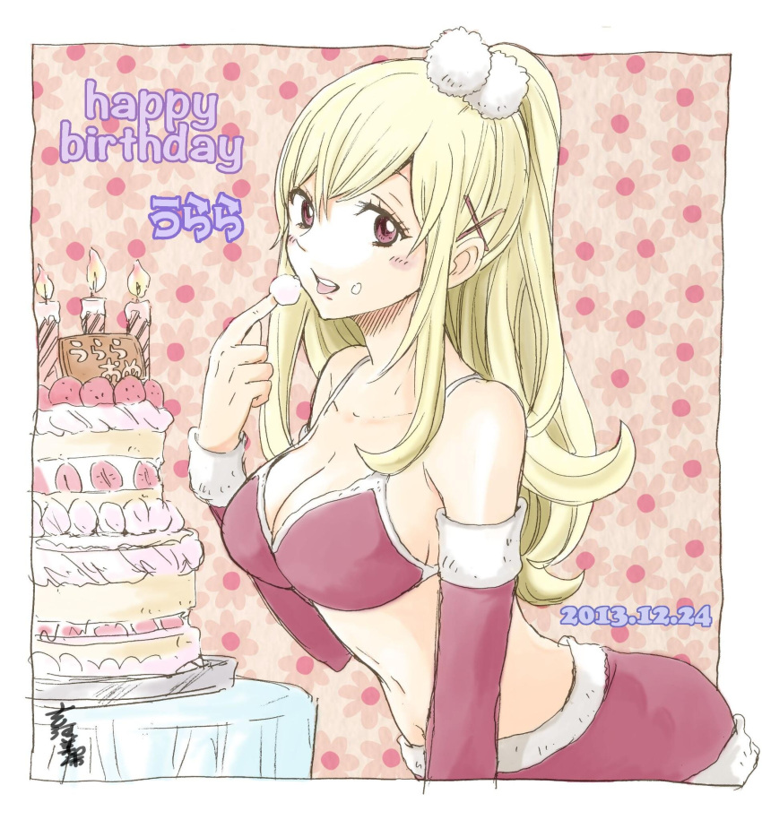 1girl bikini_top birthday birthday_cake blonde_hair breasts cake candle character_name cleavage cream cream_on_face dated detached_sleeves floral_background food food_on_face fruit fur_trim hair_ornament hairclip happy_birthday highres large_breasts long_hair looking_at_viewer midriff navel ponytail red_eyes santa_costume shiraishi_urara signature solo strawberry tasting tongue tongue_out x_hair_ornament yamada-kun_to_7-nin_no_majo yoshikawa_miki