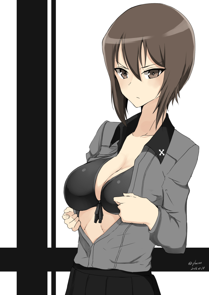 1girl absurdres bangs bikini black_bikini black_skirt breasts brown_eyes brown_hair cleavage closed_mouth dated dress_shirt front-tie_bikini front-tie_top girls_und_panzer grey_shirt highres irukatto kuromorimine_school_uniform light_frown long_sleeves looking_at_viewer medium_breasts nishizumi_maho open_clothes open_shirt pleated_skirt school_uniform shirt short_hair skirt solo standing swimsuit swimsuit_under_clothes twitter_username undressing upper_body
