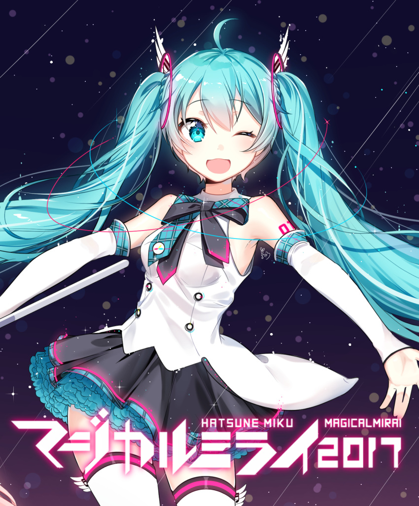 1girl 2017 ahoge aqua_eyes aqua_hair armpits blush breasts character_name coattails dated elbow_gloves eyelashes frilled_skirt frills gloves hair_ornament hatsune_miku highres light_particles long_hair looking_at_viewer magical_mirai_(vocaloid) neck_ribbon number one_eye_closed open_mouth ribbon shiny shiny_hair shiny_skin skirt smile solo tattoo text thigh-highs twintails very_long_hair vocaloid