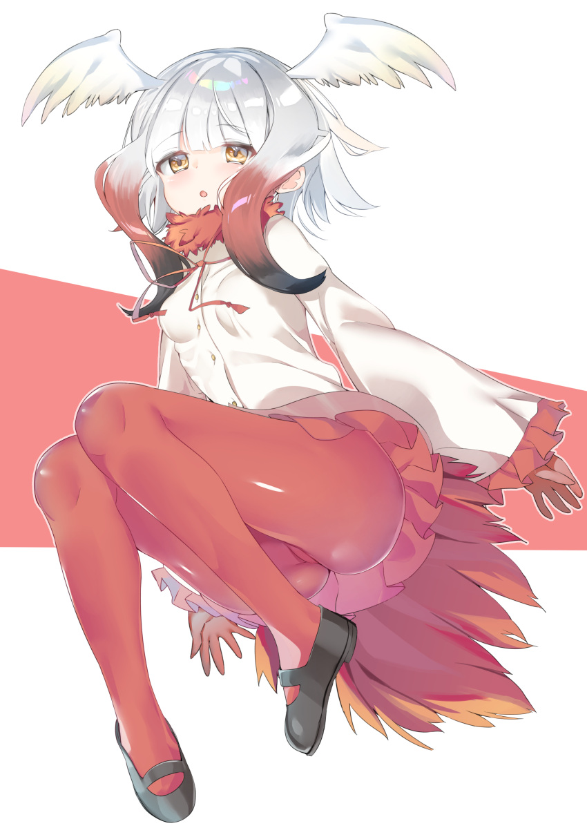 1girl :o absurdres bangs black_shoes blunt_bangs breasts brown_eyes crested_ibis_(kemono_friends) gloves head_wings highres kamioka_shun'ya kemono_friends long_sleeves looking_at_viewer mary_janes multicolored_hair pantyhose pleated_skirt red_gloves red_legwear redhead shirt shoes sidelocks skirt small_breasts solo tail two-tone_hair white_hair white_shirt
