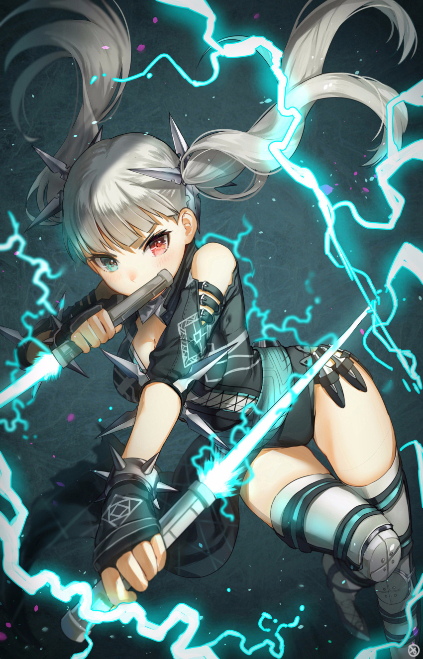 1girl absurdres bangs black_gloves black_leotard blue_eyes blunt_bangs bracelet breasts cleavage contrapposto covered_mouth cyphers dual_wielding electricity energy_sword fingerless_gloves floating_hair gloves grey_hair grey_legwear hair_ornament heterochromia hieung highres holding holding_sword holding_weapon jewelry knee_up leotard long_hair looking_at_viewer medium_breasts red_eyes signature solo spiked_bracelet spikes sword thigh-highs thighs trixie_(cyphers) twintails weapon