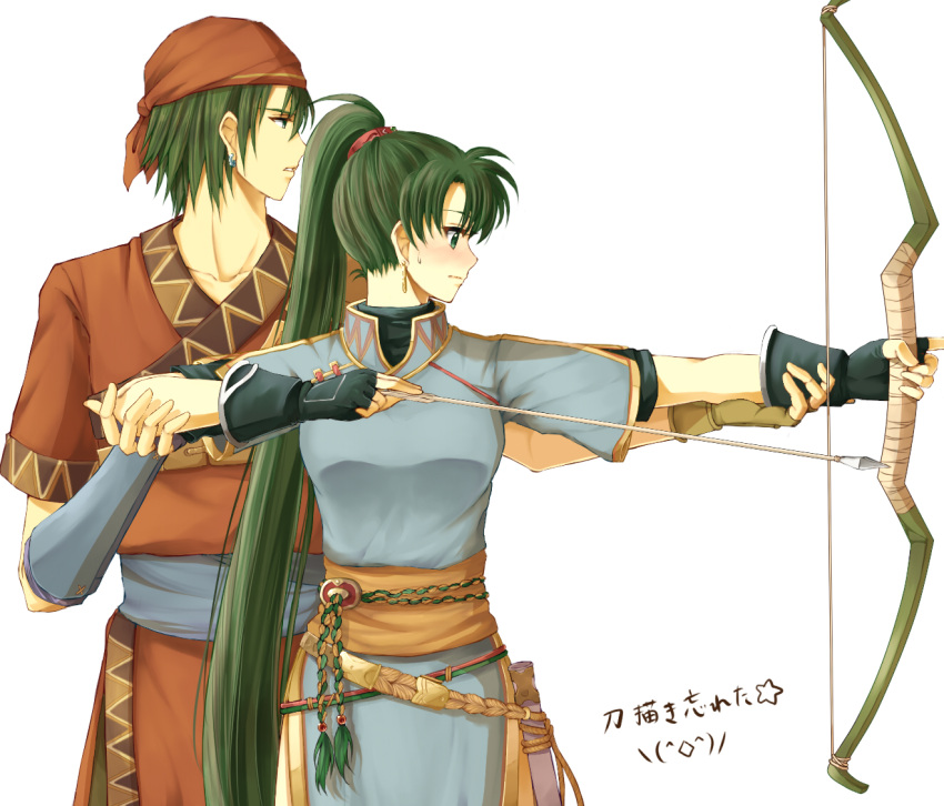 1boy 1girl arm_grab asymmetrical_gloves bandanna black_gloves blue_clothes blue_dress blush bow_(weapon) bracer breasts brown_gloves couple cowboy_shot delsaber dress earrings embarrassed fingerless_gloves fire_emblem fire_emblem:_rekka_no_ken gloves green_eyes green_hair hand_on_another's_arm holding holding_weapon jewelry long_hair lyndis_(fire_emblem) neck nintendo pelvic_curtain ponytail profile rath red_clothes sash scabbard sheath short_hair short_sleeves shy side_slit simple_background sweatdrop teaching turtleneck weapon white_background wrist_grab