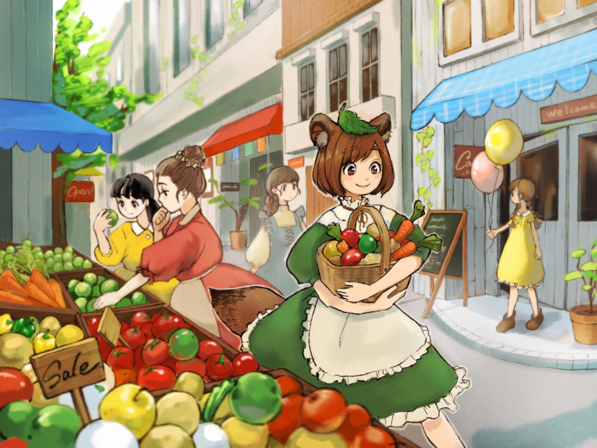 5girls animal_ears apple apron balloon bell_pepper black_hair blue_dress braided_ponytail brown_eyes brown_hair carrot commentary_request day dress food fruit green_dress hair_bun hand_on_own_face high_collar highres ivy leaf leaf_on_head looking_to_the_side market multiple_girls original outdoors pepper plant potted_plant profile raccoon_ears raccoon_tail red_dress sako_(user_ndpz5754) shopping_basket sign smile storefront tail tomato tree vegetable waist_apron yellow_dress