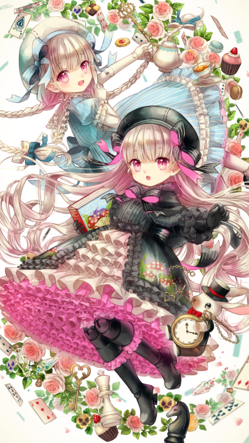 :d absurdres beret black_boots black_dress black_hat blue_dress blue_ribbon book boots bottle braid card checkerboard_cookie chess_piece clubs_(playing_card) cookie cup cupcake diamonds_(playing_card) doll_joints dress eyebrows_visible_through_hair fate/grand_order fate_(series) flower food food_print frilled_boots frills fruit hat hearts_(playing_card) highres holding holding_book key legs_up long_hair low_twintails mushroom_print nursery_rhyme_(fate/extra) open_mouth outstretched_arm pink_eyes pink_rose plant playing_card pocket_watch pouring puffy_short_sleeves puffy_sleeves rabbit ribbon roman_numerals rose saucer short_sleeves smile spades_(playing_card) strawberry striped teacup teapot top_hat twin_braids twintails vertical-striped_dress vertical_stripes very_long_hair watch white_background white_hair white_hat yumeichigo_alice