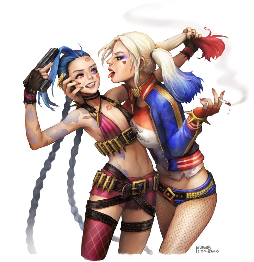 2girls blonde_hair blue_hair braid cigarette crossover dc_comics eyeshadow fishnet_pantyhose fishnets forced gloves gun hair_pull harley_quinn highres jacket jinx_(league_of_legends) kim_eul_bong league_of_legends lipstick_mark long_hair makeup middle_finger midriff multicolored_hair multiple_girls navel pantyhose pink_eyes suicide_squad tattoo thigh-highs twin_braids twintails very_long_hair weapon yuri