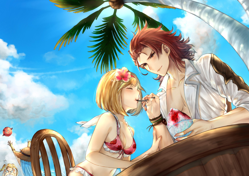 1boy 3girls absurdres arms_up blonde_hair blue_sky bracelet breasts chair cleavage closed_eyes clouds collarbone djeeta_(granblue_fantasy) dutch_angle eating feeding flower granblue_fantasy hair_flower hair_ornament hat hibiscus highres io_euclase jewelry lyria_(granblue_fantasy) midriff multiple_girls muscle mythical_world_(shutan) open_clothes open_shirt palm_tree percival_(granblue_fantasy) redhead shaved_ice shirt sitting sky spoon straw_hat sun_hat tree twintails vee_(granblue_fantasy) wristband