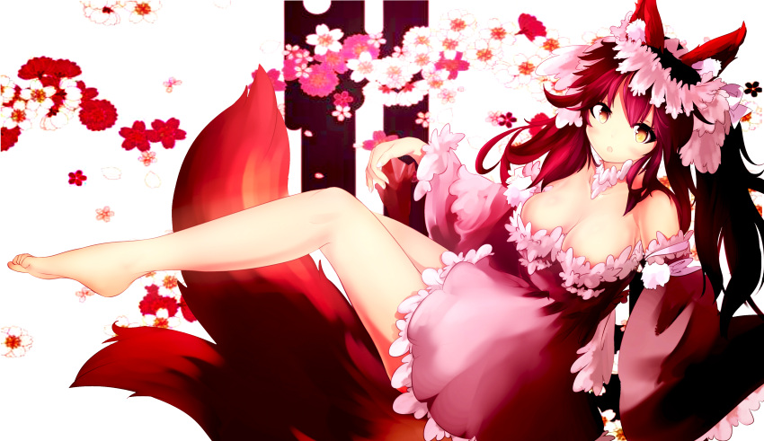 1girl absurdres alternate_costume animal_ears bow breasts cleavage collarbone fate/extra fate_(series) flower fox_ears fox_tail hair_bow hair_ribbon highres large_breasts looking_at_viewer mochigome_(fatelly) multiple_tails open_mouth pink_hair ribbon solo tail tamamo_(fate)_(all) tamamo_no_mae_(fate) thighs yellow_eyes