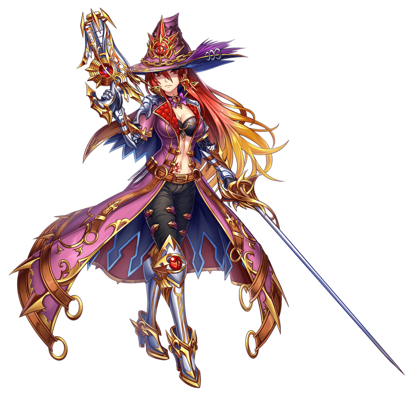 1girl adriesta adriesta_(brave_frontier) armor belt belt_buckle bow bowtie brave_frontier breasts buckle capelet chains choker cleavage coat collar dagger dual_wielding gauntlets gradient_hair greaves gun hair_ornament hat_ornament highres large_breasts long_coat long_hair midriff multicolored_hair navel official_art ornate_clothing rapier red_eyes redhead short_sleeves solo sword weapon