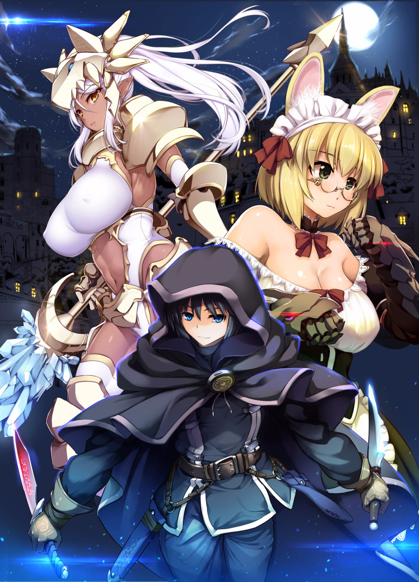 1boy 2girls :3 absurdres animal_ears bangs bare_shoulders belt black_hair black_pants black_shirt blonde_hair blue_eyes bow bowtie breasts brown_gloves cat_ears choker cloak closed_mouth cover cover_page cowboy_shot dagger dark_elf dark_skin dual_wielding elbow_gloves elf erect_nipples frilled_choker frills full_moon gauntlets gloves greaves green_eyes helmet highres holding holding_weapon large_breasts long_hair looking_at_viewer maid_headdress moon moonlight multiple_girls navel night off-shoulder_shirt original ouma_tokiichi pants parted_lips pauldrons pointy_ears polearm ponytail red_bow red_bowtie scabbard sheath shirt short_hair spear stomach thigh-highs thighhighs_under_boots underbust weapon white_gloves white_hair white_legwear yellow_eyes