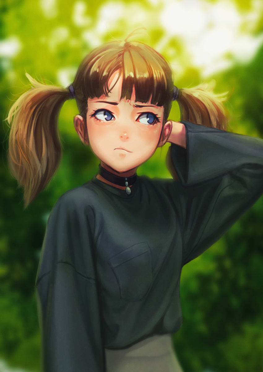 1girl bangs black_choker blue_eyes blue_shirt blurry blurry_background brown_hair choker closed_mouth day green_background hair_tie highres jewelry jungon_kim light_frown long_sleeves looking_to_the_side original pendant pocket shirt shirt_pocket short_hair solo twintails upper_body