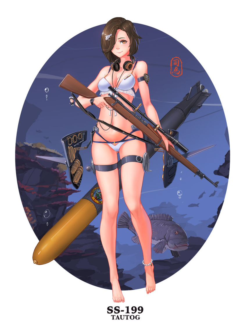 anklet artist_signature barefoot bikini bolt_action breasts brown_hair character_name cleavage fish frilled_bikini frills gun hair_ornament hair_over_one_eye hairclip headphones headphones_around_neck highres jewelry looking_at_viewer m1903_springfield ocean orange_eyes pacific rifle scope short_hair sima_naoteng skindentation smile swimsuit thigh_strap torpedo trigger_discipline uss_tautog_(ss-199) watch weapon