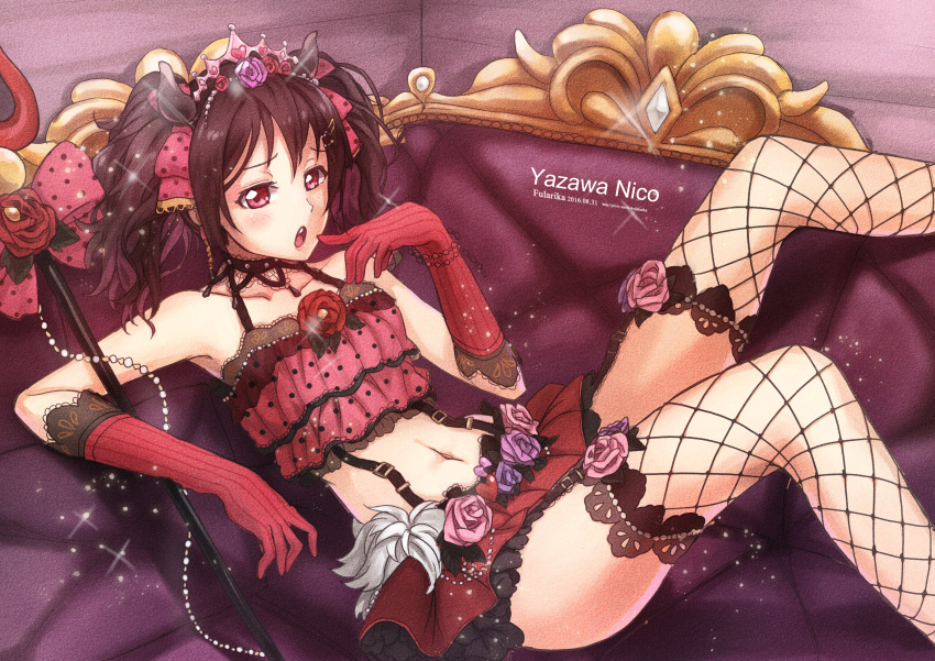 1girl absurdres artist_name bangs bow bracelet character_name choker cosplay couch dated demon demon_horns finger_to_mouth fishnet_legwear fishnets flower fularika gem gloves hair_bow half-closed_eyes highres horns jewelry lace lace-trimmed_gloves lace-trimmed_thighhighs love_live! love_live!_school_idol_project microskirt midriff navel open_mouth pink_rose pitchfork polka_dot polka_dot_bow purple_rose reclining red_gloves red_rose rose scepter skirt solo suspenders thigh-highs tiara twintails watermark web_address yazawa_nico