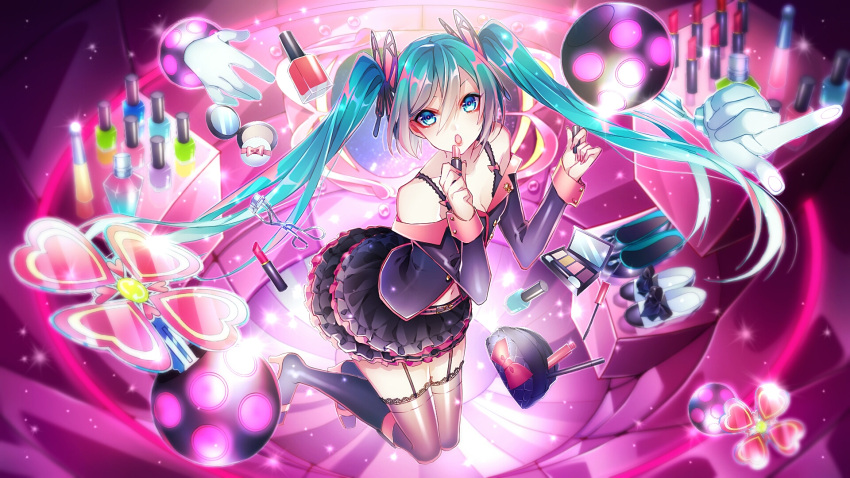 1055 1girl applying_makeup aqua_eyes blush bow breasts butterfly_hair_ornament case cleavage collarbone eyelash_curler eyelashes eyeshadow floating garter_straps green_hair hair_ornament hair_ribbon hatsune_miku high_heels highres holding holding_lipstick honey_whip_(module) jewelry knees_together light_particles lipstick long_hair looking_at_viewer makeup nail_file nail_polish navel open_mouth ribbon scissors shiny shiny_hair shoes skirt solo sweet_devil_(vocaloid) thigh-highs twintails vial vocaloid