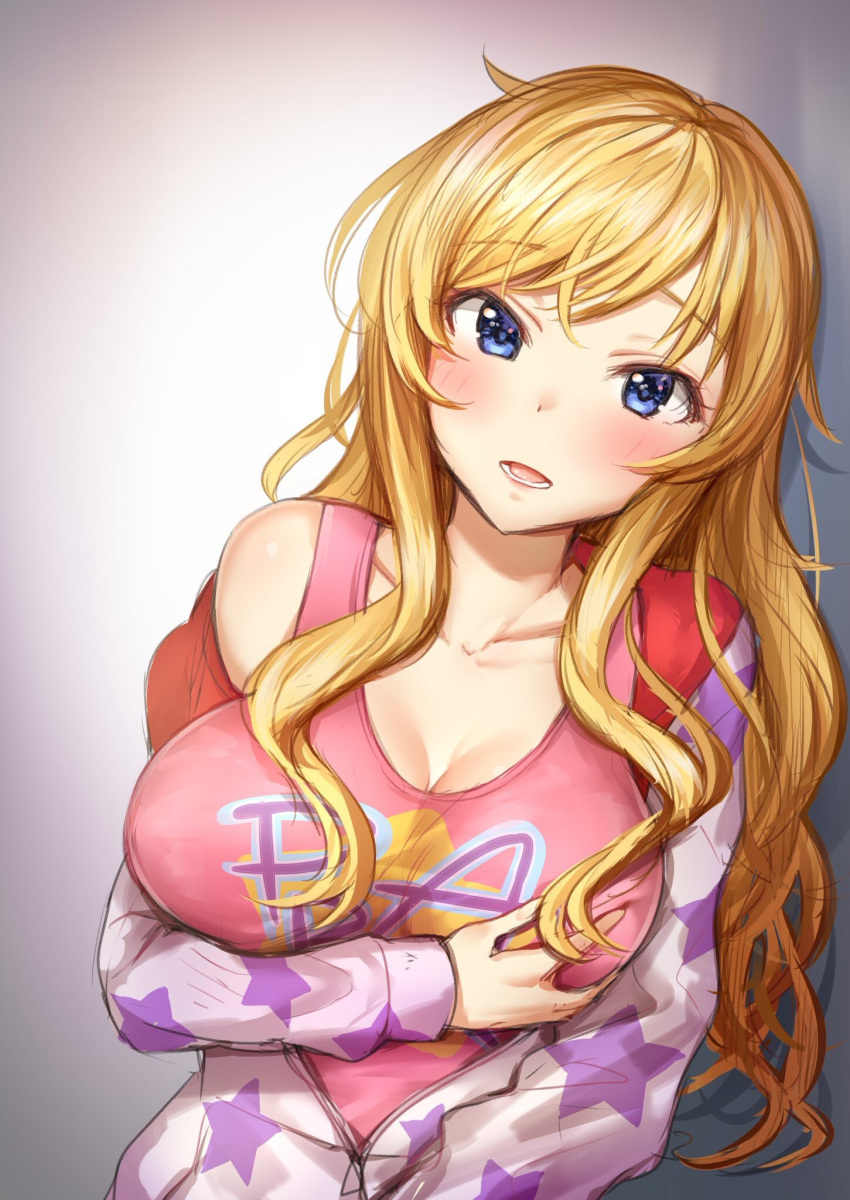 1girl blonde_hair blue_eyes blush breast_hold breasts cleavage collarbone commentary_request highres idolmaster idolmaster_cinderella_girls large_breasts leaning_to_the_side long_hair looking_at_viewer ootsuki_yui open_mouth pink_shirt purple_sweater shirt solo star star_print takeya_y0615
