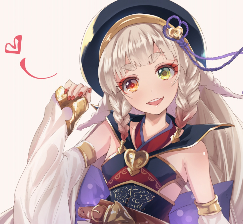 1girl bare_shoulders bow detached_sleeves granblue_fantasy hat hato_haru heterochromia looking_at_viewer open_mouth pholia red_eyes silver_hair smile solo yellow_eyes