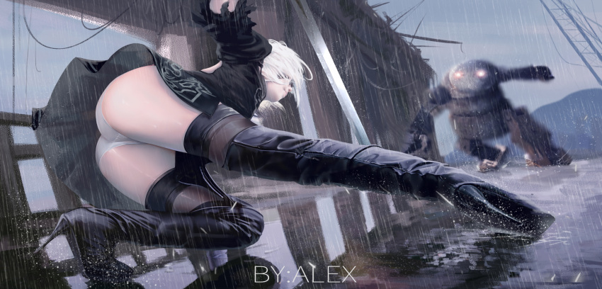 1girl artist_name ass back_opening bangs black_blindfold black_boots black_dress black_gloves black_hairband black_legwear blindfold boots breasts brown_legwear closed_mouth clouds cloudy_sky covered_eyes derivative_work dress from_behind gloves hair_over_eyes hairband high_heel_boots high_heels highres holding holding_sword holding_weapon juliet_sleeves katana legs_apart lips long_sleeves machinery nier_(series) nier_automata nose open-back_dress outdoors panties pantyshot pod_(nier_automata) puddle puffy_sleeves rain real_life_insert reference_photo reference_work ribbed_dress robot short_dress short_hair silver_hair skirt sky solo sparks squatting sword thigh-highs thigh_boots underwear upskirt vambraces water weapon white_hair white_panties xi_ti yorha_no._2_type_b