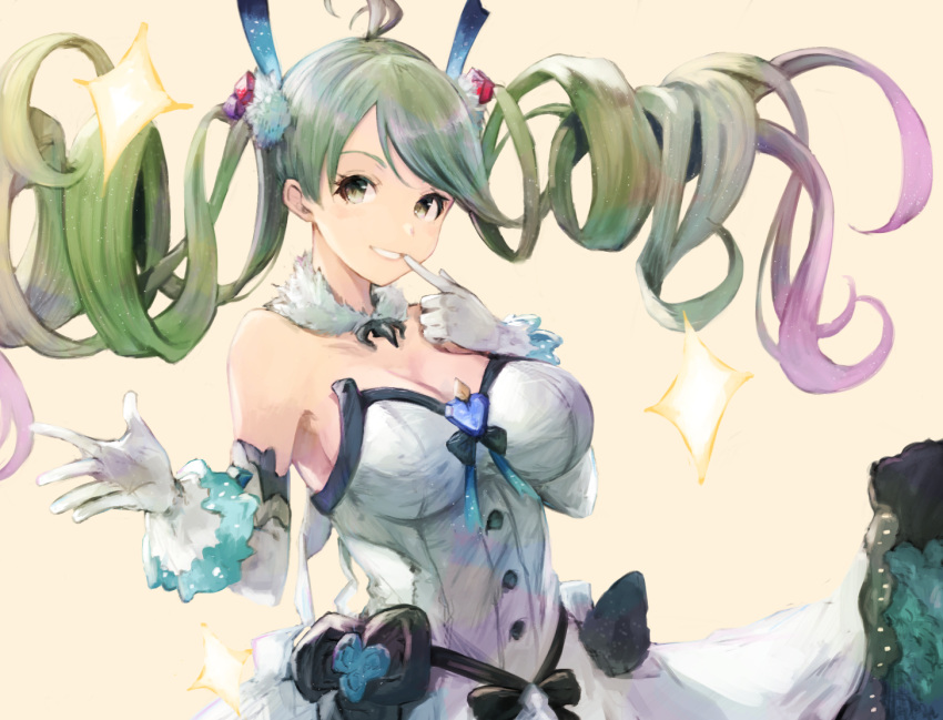 1girl antenna_hair bangs bare_shoulders beige_background blush breasts de_la_fille detached_sleeves dress drill_hair floating_hair gloves gradient_hair granblue_fantasy green_hair koretsuki_aduma long_hair medium_breasts multicolored_hair parted_lips pink_hair pointing pointing_at_self simple_background sleeveless sleeveless_dress smile solo sparkle strapless strapless_dress swept_bangs white_dress white_gloves