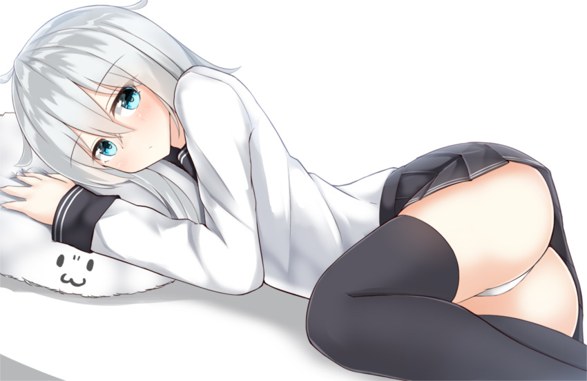 1girl ass bad_anatomy bad_hands black_legwear black_skirt blue_eyes expressionless hibiki_(kantai_collection) highres kantai_collection long_hair moyoron no_hat no_headwear panties pleated_skirt sailor_collar school_uniform serafuku silver_hair skirt solo thigh-highs underwear white_background white_panties