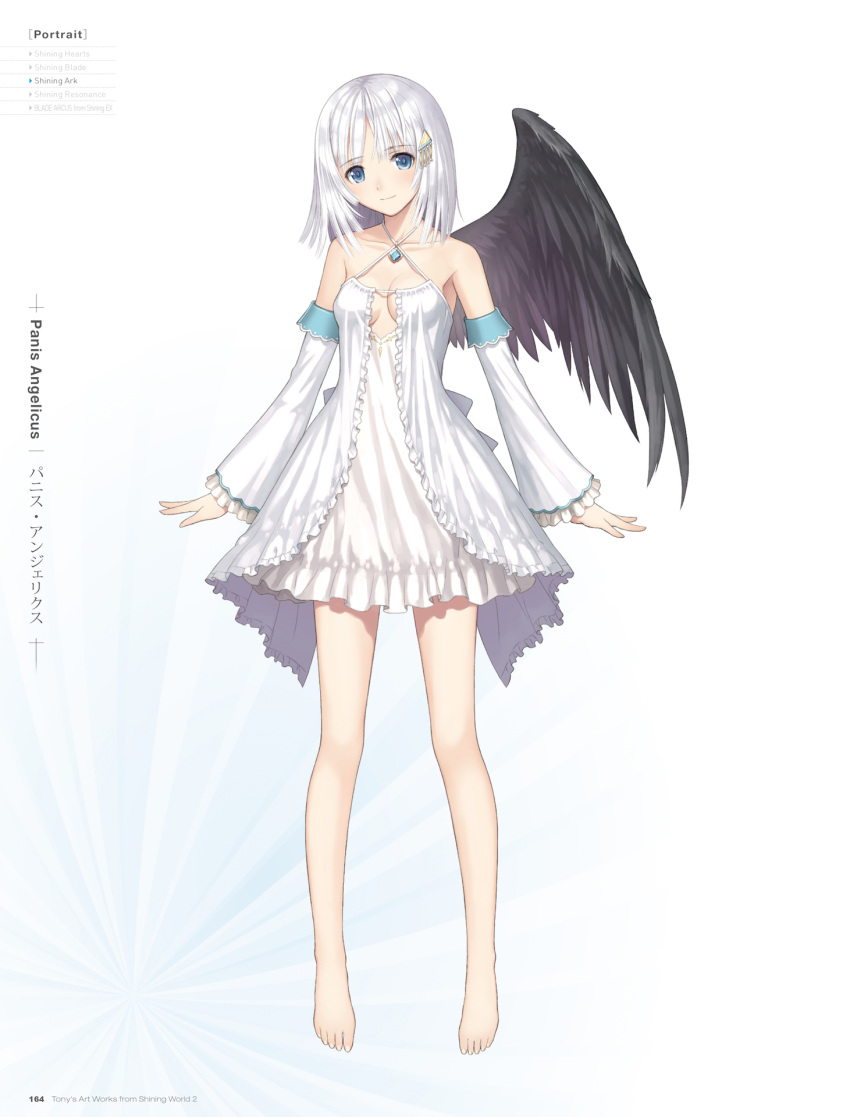 1girl artist_name bare_shoulders barefoot black_wings blue_eyes breasts character_name cleavage collarbone copyright_name detached_sleeves dress feathered_wings full_body hair_ornament head_tilt highres looking_at_viewer panis_angelicus shining_(series) shining_world short_hair silver_hair simple_background single_wing sleeveless sleeveless_dress small_breasts smile solo standing tanaka_takayuki white_background white_dress wings