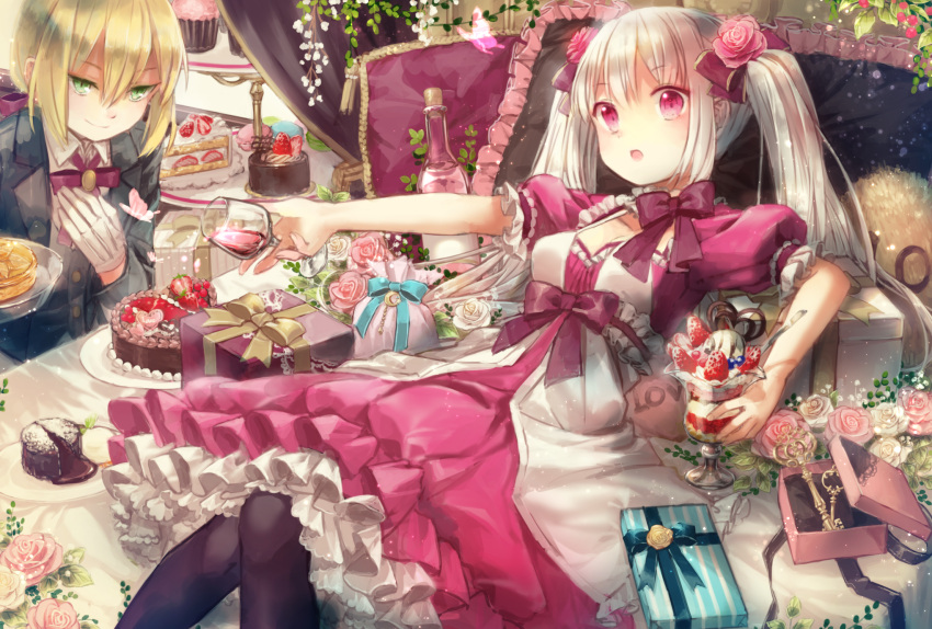2girls :o black_legwear blonde_hair blueberry bottle box butler cake cake_stand chocolate_cake cup cupcake curtains dress drinking_glass flower food formal frilled_skirt frills fruit gift gift_box gloves green_eyes hair_between_eyes hair_ribbon hand_on_own_chest heart highres ice_cream key lava_cake layered_dress looking_at_another looking_at_viewer multiple_girls on_bed original outstretched_arm pantyhose parfait pillow pink_rose pouring puffy_short_sleeves puffy_sleeves purple_ribbon reclining red_eyes ribbon rose short_hair short_sleeves shortcake silver_hair skirt smile strawberry suit two_side_up white_gloves white_rose wine_bottle wine_glass yumeichigo_alice