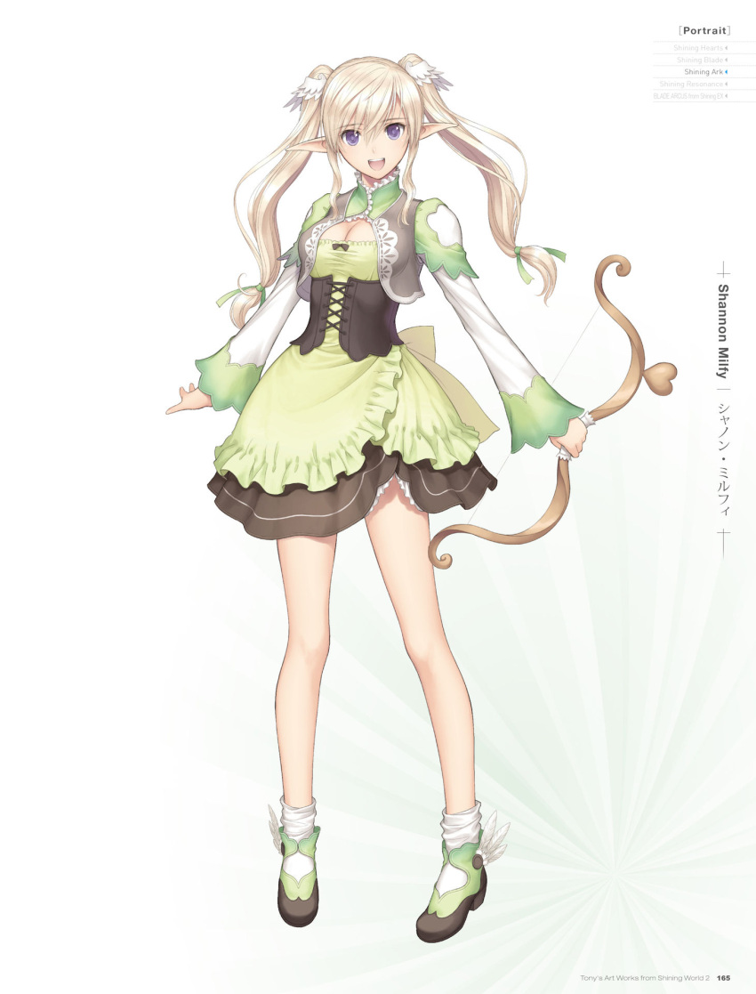 1girl :d artist_name blonde_hair bow_(weapon) breasts cleavage copyright_name dress elf full_body green_dress hair_ornament highres holding holding_weapon long_hair looking_at_viewer medium_breasts open_mouth pointy_ears shannon_milfy shining_(series) shining_world simple_background smile socks solo standing tanaka_takayuki twintails violet_eyes weapon white_background white_legwear