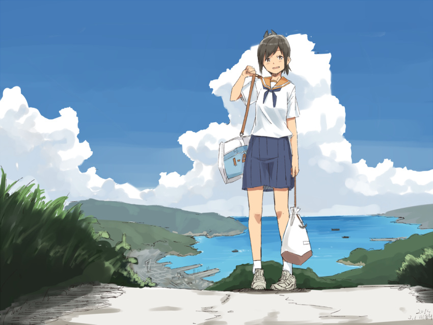 1girl alternate_costume bag bangs blue_neckerchief blue_skirt brown_eyes brown_hair commentary_request holding_strap i-401_(kantai_collection) kantai_collection kawashina_(momen_silicon) looking_at_viewer neckerchief open_mouth pleated_skirt school_bag school_uniform serafuku short_hair short_sleeves skirt smile solo standing