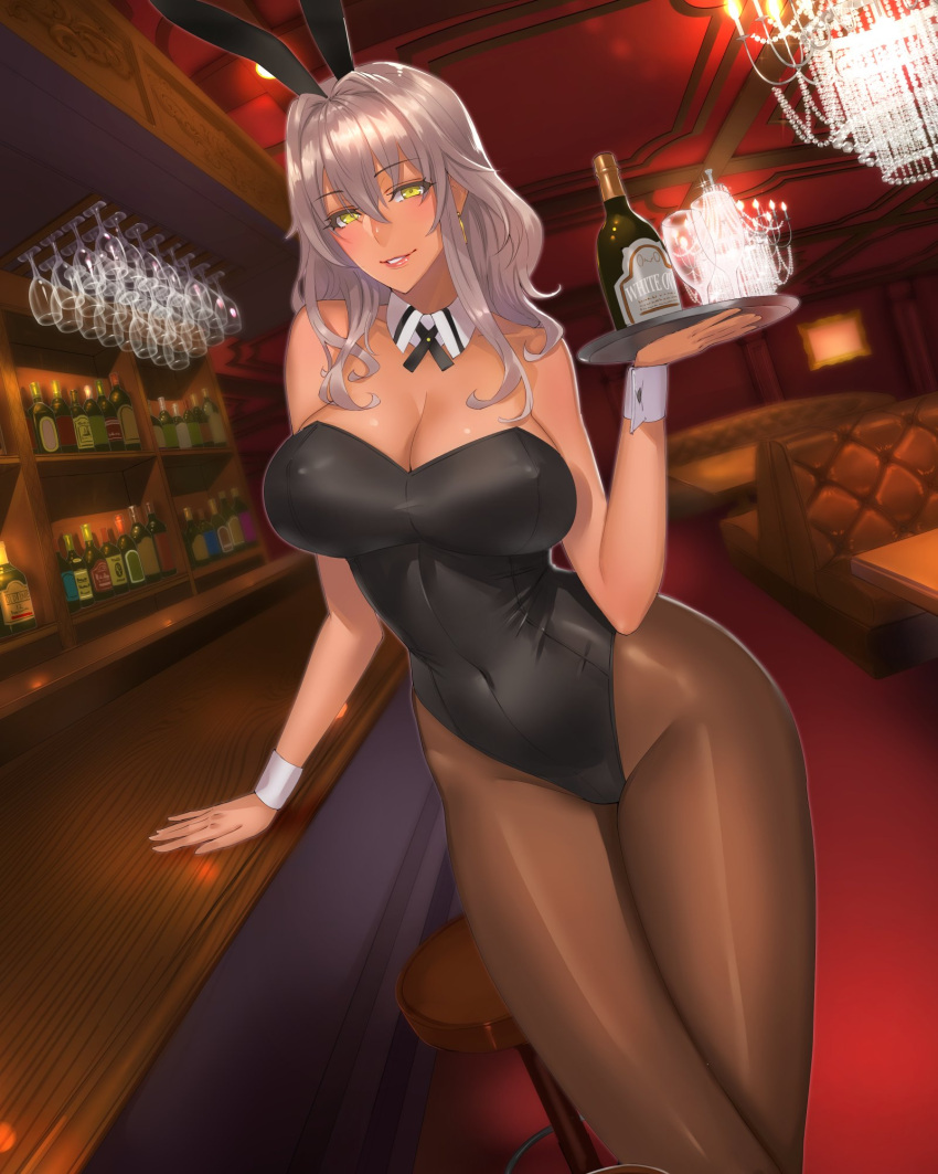 animal_ears bar bottle breasts bunnysuit chandelier cup daglasses drinking_glass erect_nipples hand_on_table highres large_breasts looking_at_viewer lounge original pantyhose rabbit_ears silver_hair tan thick_thighs thighs wine_bottle wine_glass yellow_eyes