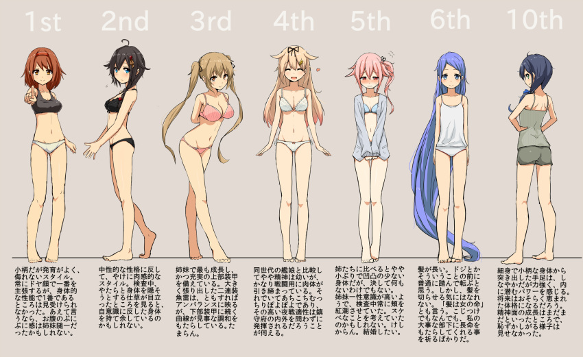 6+girls absurdly_long_hair ahoge black_bra black_hair black_panties blonde_hair blue_bra blue_eyes blue_hair bow bow_bra bow_panties bra braid breasts brown_hair bust_chart camisole cassandra_(seishun_katsu_sando) check_translation cleavage hair_ornament hairband hairclip harusame_(kantai_collection) highres jacket kantai_collection large_breasts lineup long_hair medium_breasts multiple_girls murasame_(kantai_collection) panties pink_bra pink_eyes pink_hair pink_panties red_eyes remodel_(kantai_collection) samidare_(kantai_collection) shigure_(kantai_collection) shiratsuyu_(kantai_collection) short_hair shorts side_ponytail single_braid small_breasts suzukaze_(kantai_collection) translation_request twintails underwear underwear_only very_long_hair white_bra white_panties yuudachi_(kantai_collection)