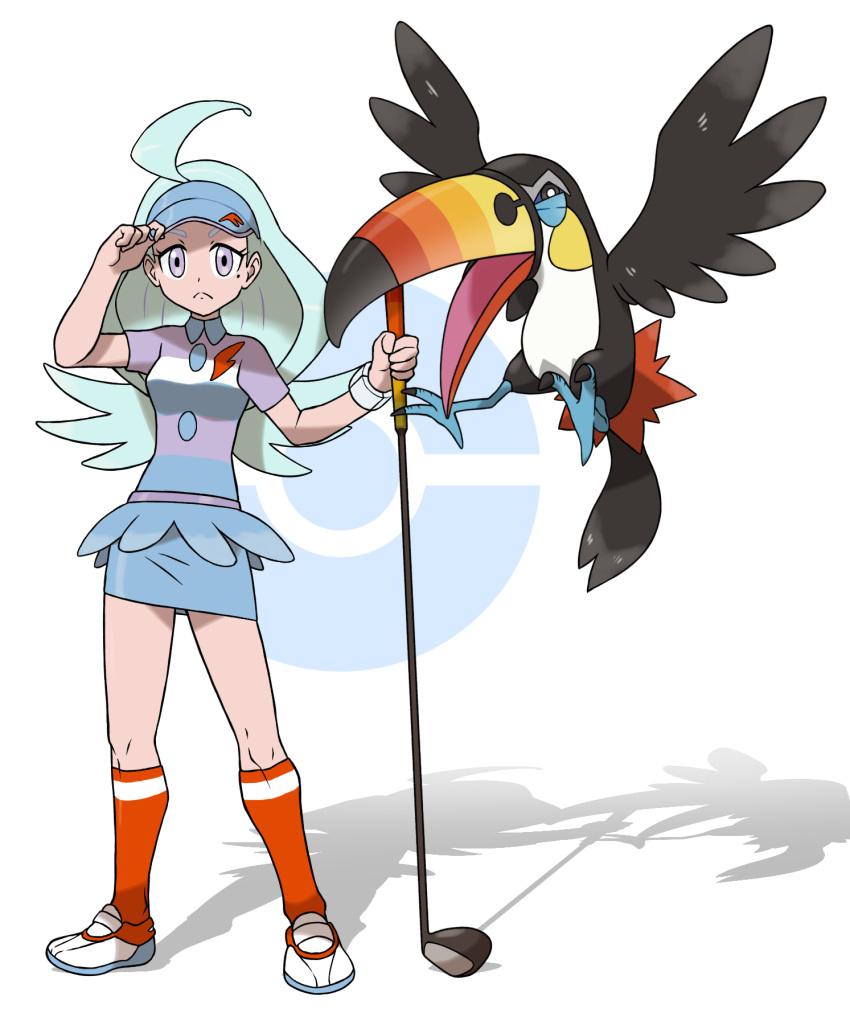 1girl :&lt; adjusting_clothes adjusting_hat ahoge aqua_hair beak belt bird bird_tail bird_wings blue_hat blue_skirt breasts buttons closed_mouth collared_shirt elite_four eyelashes facing_viewer feathered_wings feathers frown full_body golf_club hat highres holding_golf_club kahili_(pokemon) kneehighs lavender_eyes long_hair looking_at_viewer medium_breasts miniskirt mole mole_under_eye official_style open_mouth orange_legwear pencil_skirt pin poke_ball pokemon pokemon_(game) pokemon_sm shadow shirt shoes short_sleeves silver_belt simple_background skirt standing striped striped_shirt tail talons tareme teru_zeta toucan visor_cap white_background white_shoes wings