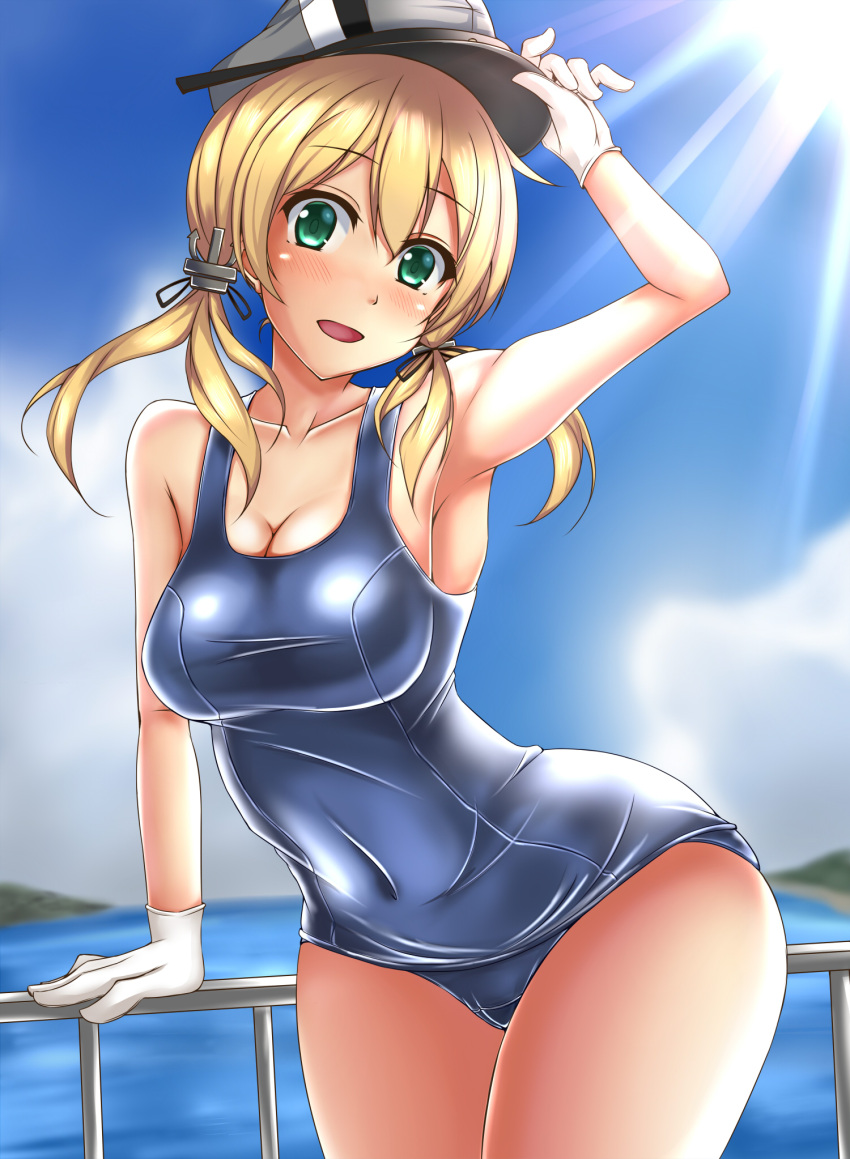 1girl alternate_costume anchor_hair_ornament aqua_eyes blonde_hair blush breasts cleavage covered_navel eyebrows_visible_through_hair gloves hair_ornament hat highres kantai_collection low_twintails ocean one-piece_swimsuit peaked_cap prinz_eugen_(kantai_collection) solo sunlight swimsuit terakoya twintails white_gloves