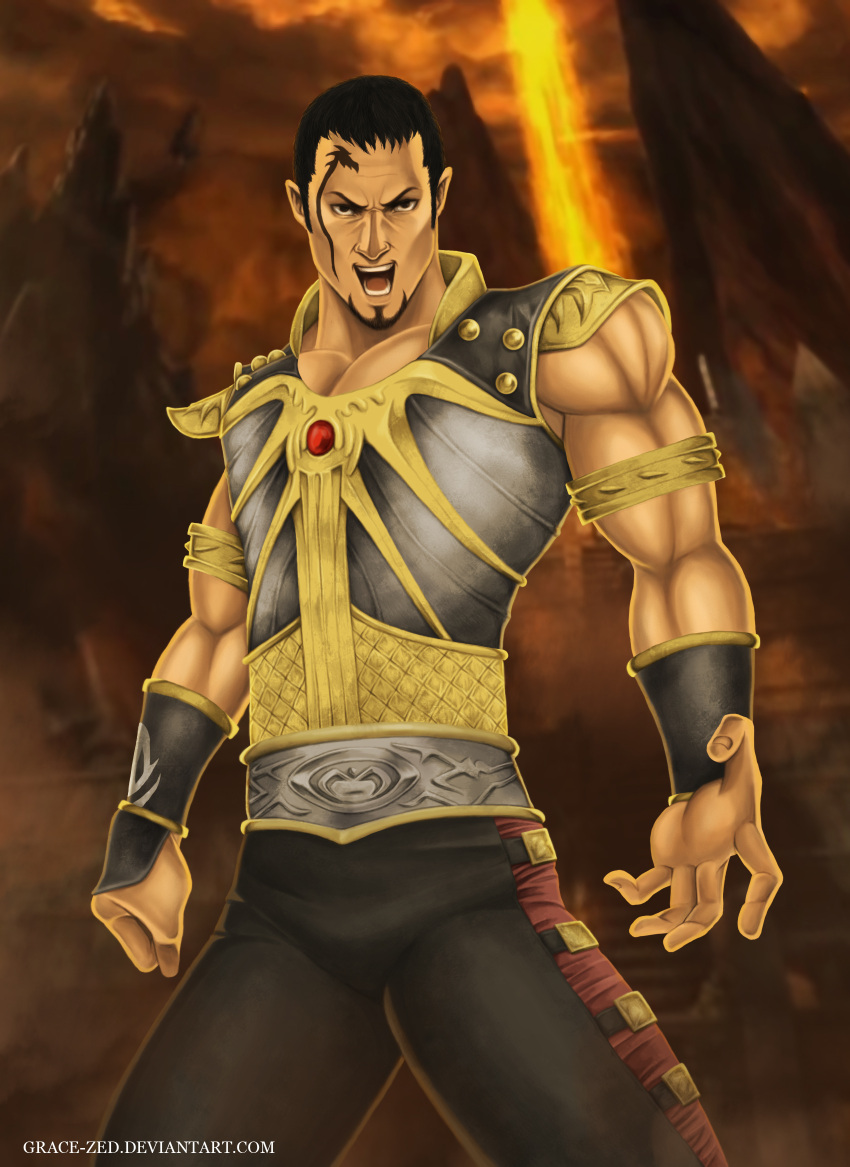 1boy artist_name beard black_eyes black_hair facial_hair facial_mark grace_zed highres male_focus midway_(company) mortal_kombat mortal_kombat_armageddon open_mouth solo taven teeth