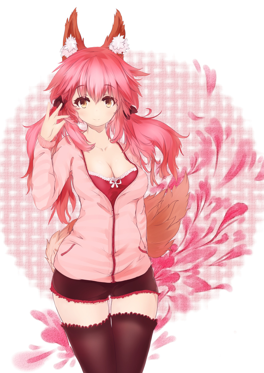 1girl absurdres animal_ears black_legwear bra breasts cleavage collarbone fate/extra fate_(series) fox_ears fox_tail hair_ribbon highres light_smile looking_at_viewer mochigome_(fatelly) nail_polish open_clothes open_shirt pink_bra pink_hair ribbon shirt solo tail tamamo_(fate)_(all) tamamo_no_mae_(fate) thigh-highs underwear yellow_eyes