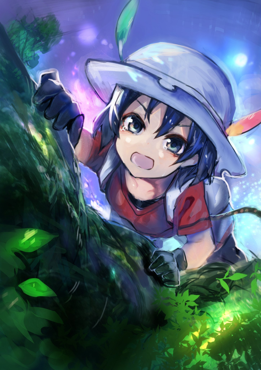 1girl amamitsu_kousuke backpack bag black_eyes black_gloves black_hair black_legwear bucket_hat climbing_tree collarbone commentary d: d:&lt; dot_nose eyebrows from_above gloves hair_between_eyes hat hat_feather highres kaban kemono_friends looking_at_viewer looking_up open_mouth outdoors pantyhose pantyhose_under_shorts plant red_shirt rope shirt short_hair short_sleeves shorts solo tearing_up tears tree tsurime white_hat
