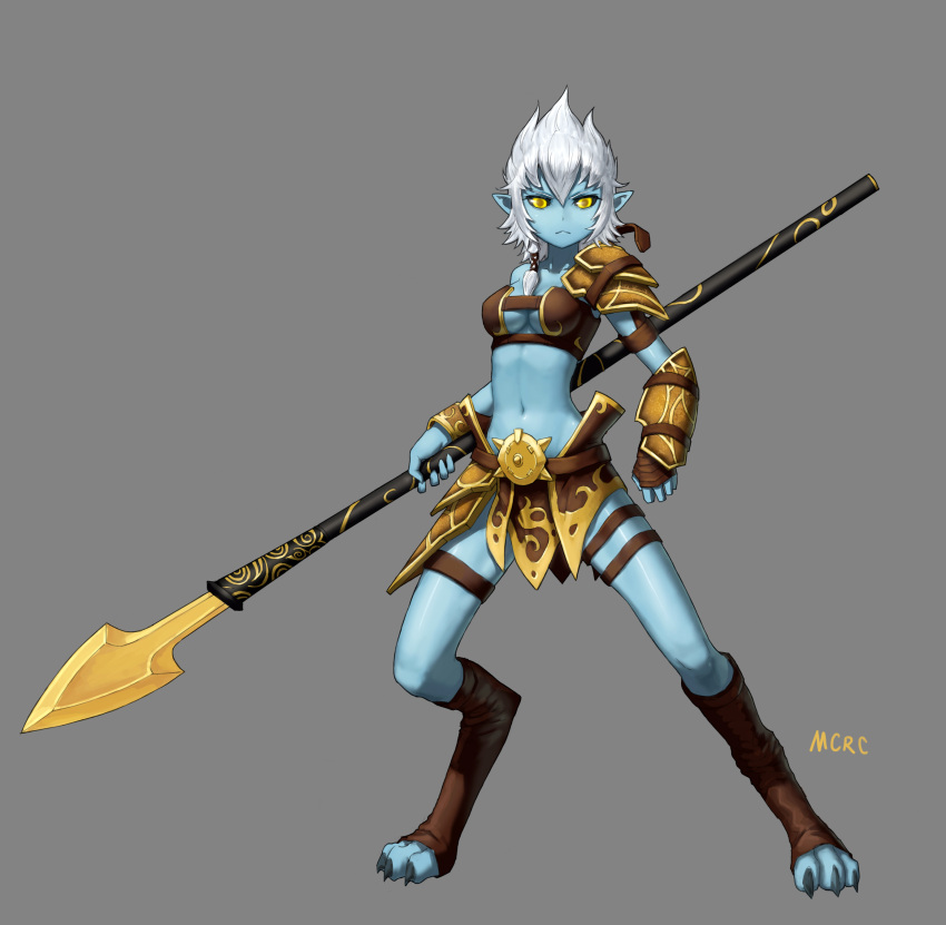 1girl absurdres armor artist_name black_sclera blue_skin boots bracer claws defense_of_the_ancients digitigrade dota_2 full_body grey_background highres lance leather leather_boots mcrc_science monster_girl phantom_lancer pointy_ears polearm shoulder_pads weapon white_hair yellow_eyes