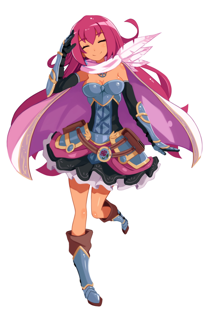 1girl ^_^ absurdres armor armored_dress boots breasts cape cleavage closed_eyes dark_skin elbow_gloves eyebrows_visible_through_hair faulds full_body gauntlets gloves highres jewelry knee_boots long_hair medium_breasts original pendant pink_hair sai_(bankoru) sleeveless slender_waist solo