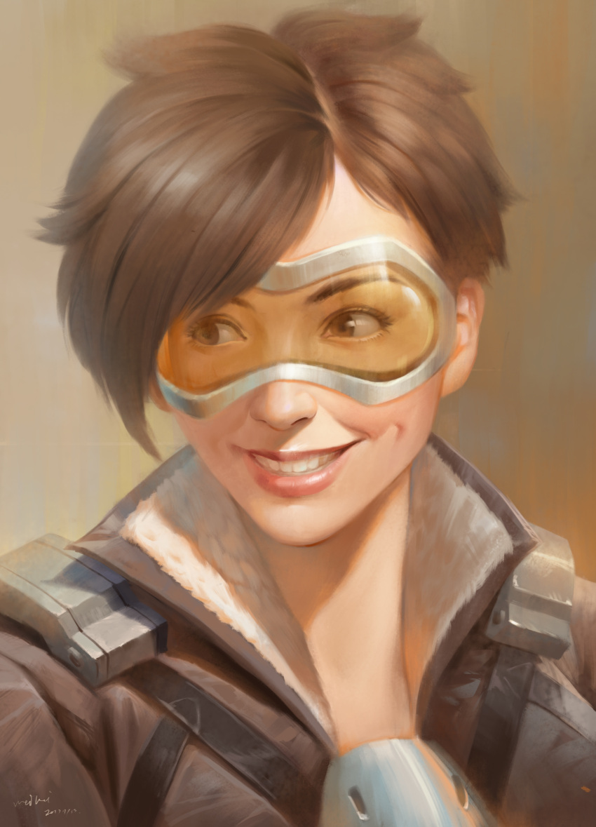 1girl absurdres alternate_hairstyle bangs bomber_jacket brown_eyes brown_hair brown_jacket commentary commentary_request eyebrows eyelashes goggles grin hair_down highres jacket leather leather_jacket lips looking_to_the_side nose orange_goggles overwatch parted_bangs parted_lips realistic red_lips short_hair signature smile solo teeth terry_wei tracer_(overwatch) upper_body