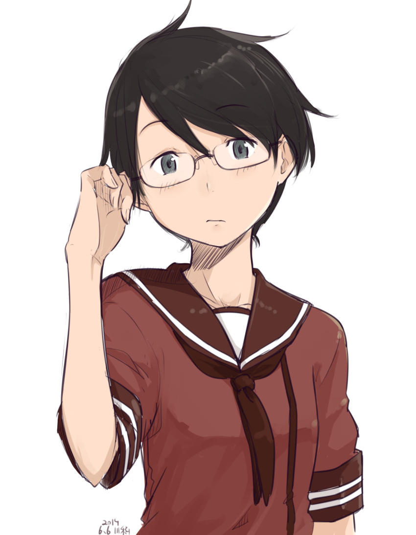 1girl adjusting_glasses androgynous black_hair blush dated glasses green_eyes grey_eyes highres kantai_collection kawashina_(momen_silicon) light_frown looking_at_viewer mogami_(kantai_collection) neckerchief red_neckerchief school_uniform serafuku short_hair short_sleeves signature simple_background solo upper_body white_background