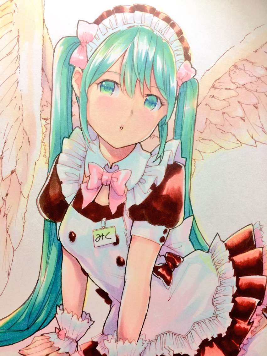 1girl aqua_eyes aqua_hair eyebrows_visible_through_hair feathered_wings feathers frilled_skirt frills full_body hair_between_eyes hair_ribbon hatsune_miku highres long_hair looking_at_viewer maid mayo_riyo open_mouth ribbon simple_background skirt translated very_long_hair vocaloid white_legwear wings