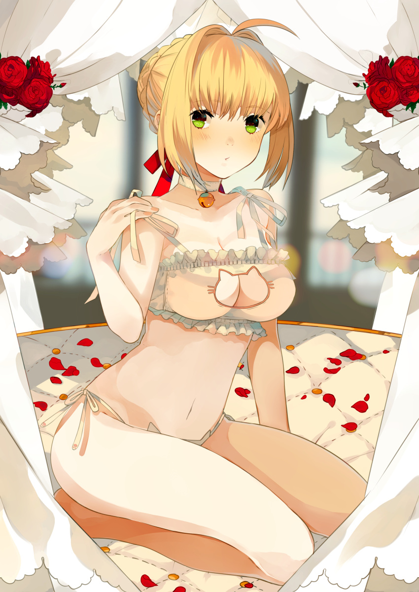 1girl absurdres ahoge bangs bare_shoulders bed bed_sheet bell blonde_hair blurry blurry_background blush bra breasts cat_cutout cat_lingerie cleavage cleavage_cutout collarbone eules eyebrows eyebrows_visible_through_hair fate/extra fate_(series) flower frilled_bra frills green_eyes hair_intakes hair_ribbon highres jingle_bell meme_attire midriff navel on_bed panties petals red_ribbon red_rose revision ribbon rose rose_petals saber_extra seiza short_hair side-tie_panties sitting solo stomach tareme underwear underwear_only white_bra white_panties