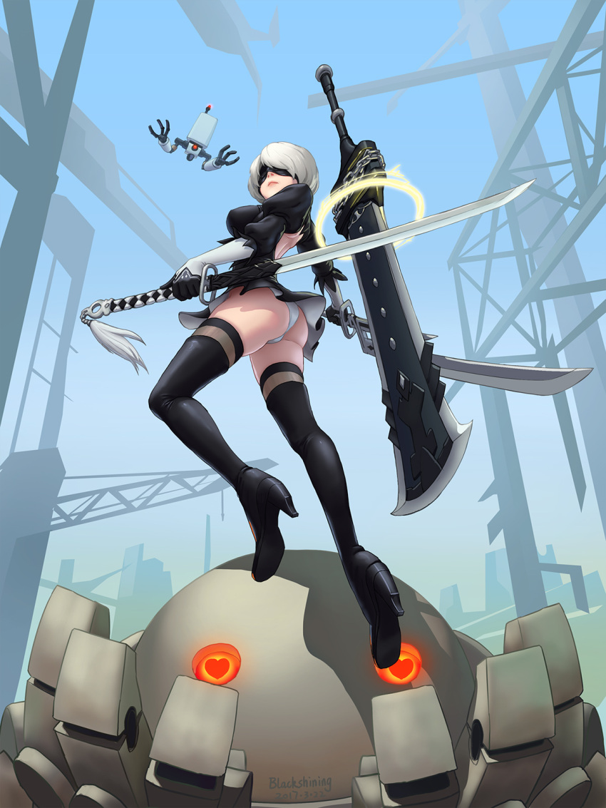 1girl 2017 artist_name ass back_opening bangs black_boots black_dress black_hairband black_legwear blindfold blue_sky boots breasts broadsword chains closed_mouth covered_eyes crane dated day dress drone dual_wielding floating full_body greatsword hair_over_one_eye hairband heart heart_eyes high_heel_boots high_heels highleg highleg_leotard highres holding holding_sword holding_weapon huge_weapon juliet_sleeves katana legs_apart leotard long_sleeves machinery medium_breasts midair nier_(series) nier_automata no_mole nose open-back_dress outdoors pink_lips pod_(nier_automata) puffy_sleeves robot short_dress short_hair shoulder_blades silver_hair skeletoner_blackshining sky solo sword tassel thigh-highs thigh_boots vambraces weapon weapon_on_back white_leotard yorha_no._2_type_b