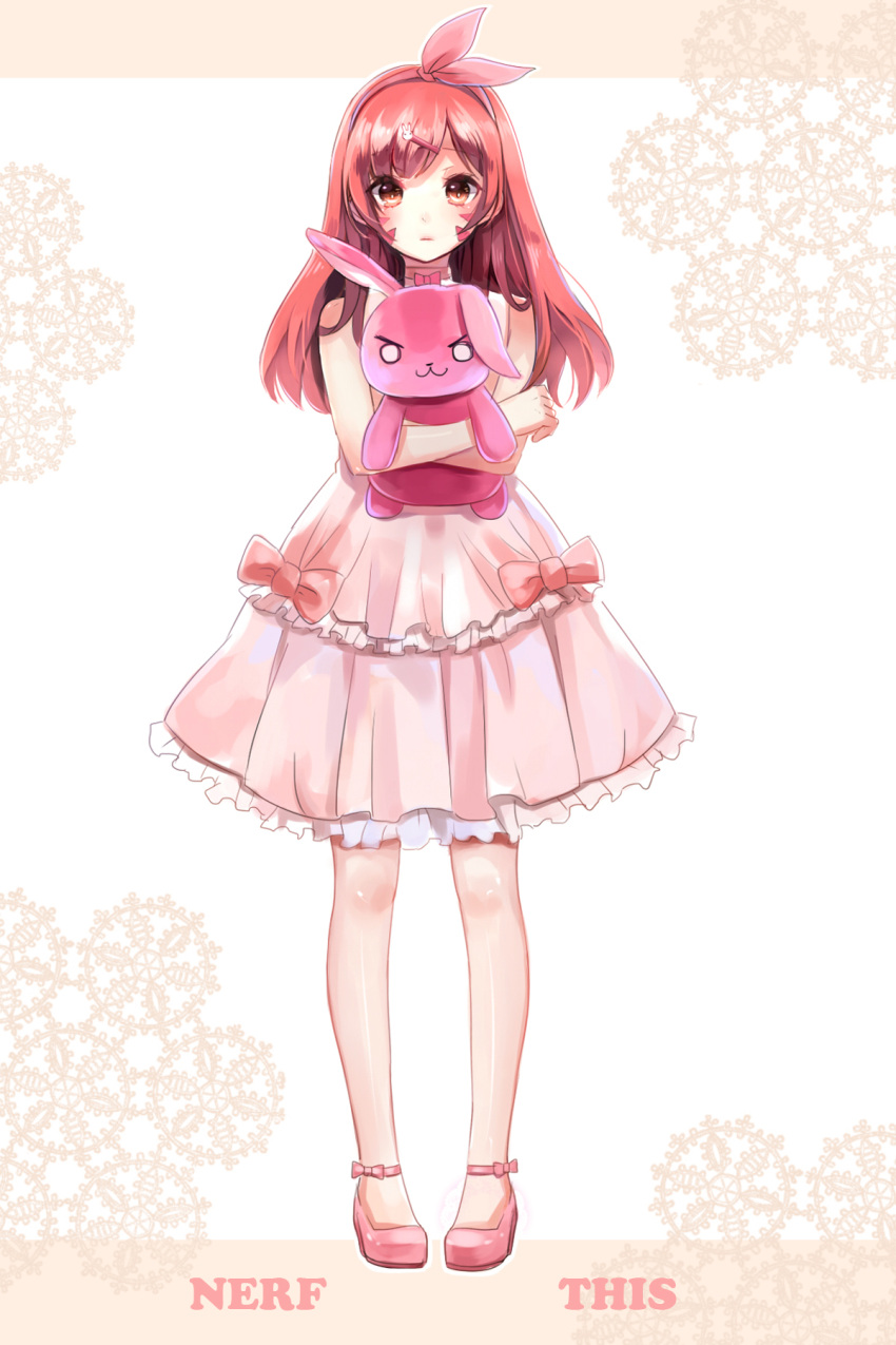 1girl alternate_headwear ankle_ribbon bangs bow brown_eyes brown_hair casual crossed_arms d.va_(overwatch) dress english facepaint facial_mark frilled_dress frills full_body hair_ornament hairband hairclip highres holding horizontal-striped_background long_hair looking_at_viewer m-musume_(catbagel) neck_ribbon overwatch pink_bow pink_dress pink_shoes ribbon shoes sleeveless sleeveless_dress solo standing stuffed_animal stuffed_bunny stuffed_toy swept_bangs whisker_markings white_background