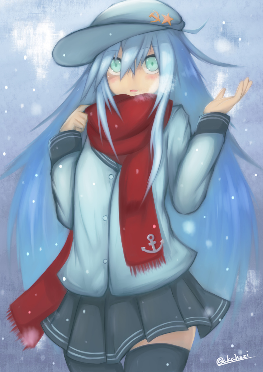 1girl absurdres akahuzi anchor aqua_eyes black_skirt blue_eyes blue_hair blush breath dress flat_cap hammer_and_sickle hat hibiki_(kantai_collection) highres kantai_collection open_mouth red_scarf sailor_dress scarf scarf_pull school_uniform serafuku silver_hair skirt snow snowing solo star steam thigh-highs verniy_(kantai_collection)