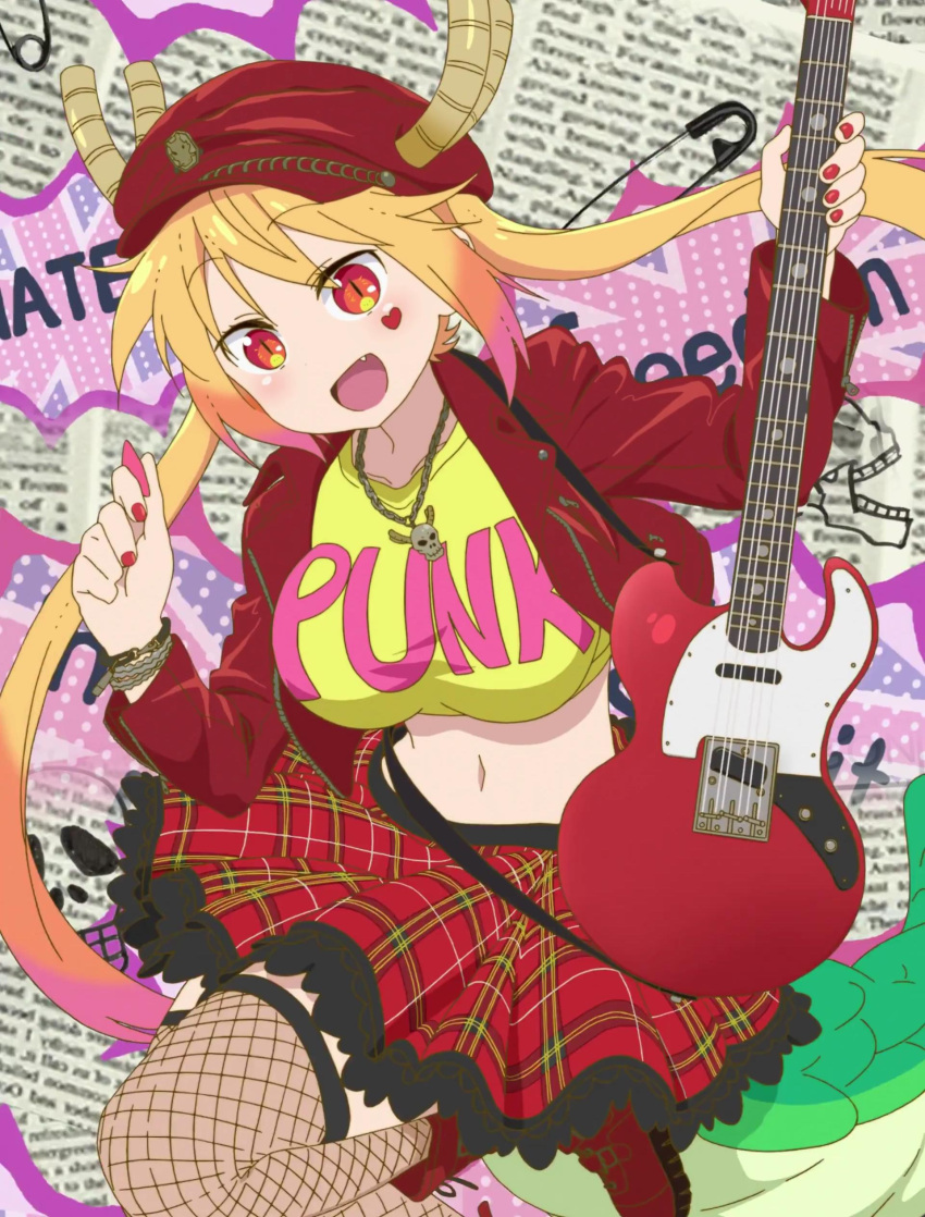 1girl absurdres alternate_costume beret blonde_hair boots breasts crop_top fishnets guitar hat heart highres horns instrument kobayashi-san_chi_no_maidragon midriff nail_polish navel plectrum punk red_eyes red_nails screencap skull_necklace slit_pupils stitched tail thigh-highs tooru_(maidragon) twintails wristband